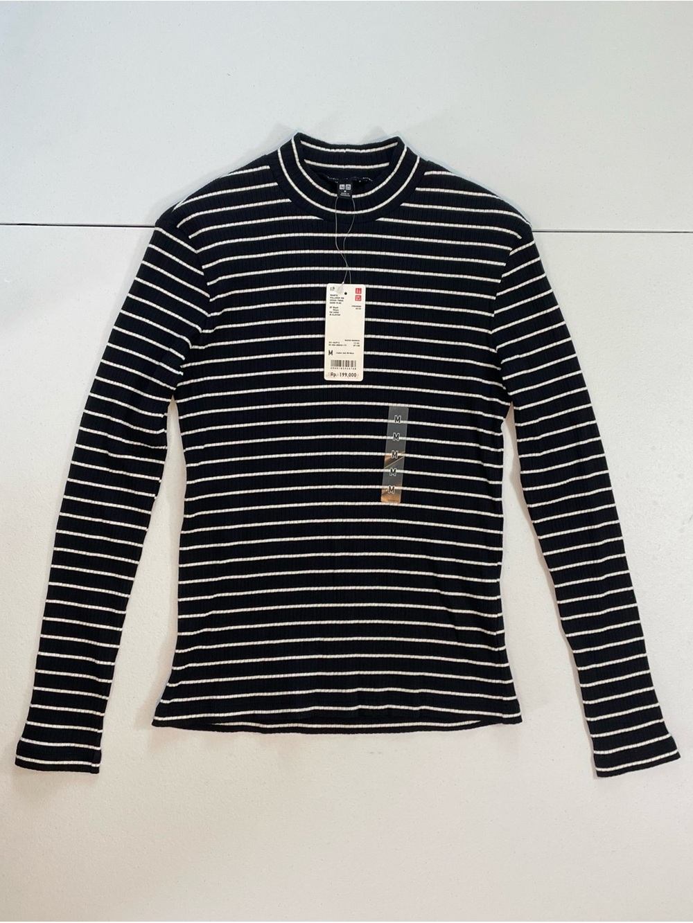 NWT Uniqlo Ribbed Mock Neck Long-Sleeve Shirt w/ Black & White Stripes